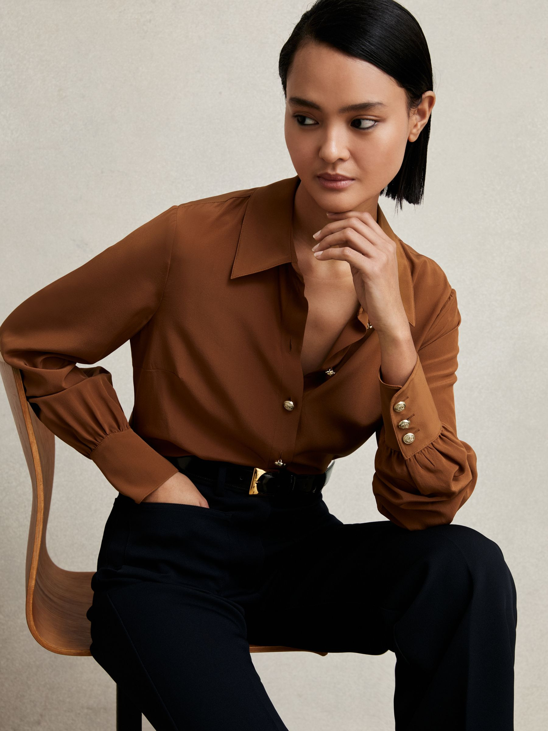 Silk Embossed-Button Shirt in Tan Brown | Reiss DE