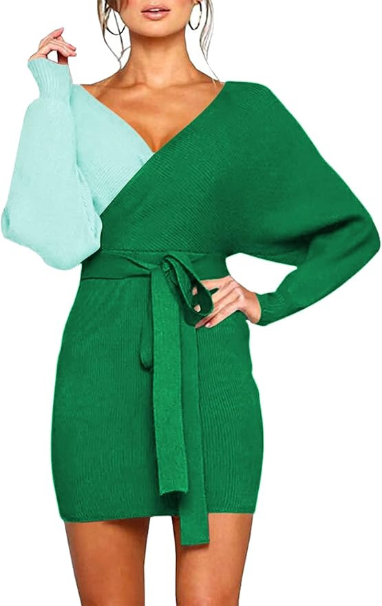 AOHITE Women Belt Sweater Dresses V Neck Backless Bodycon Dress Batwing Long Sleeve Mini Dress Gr... | Amazon (US)