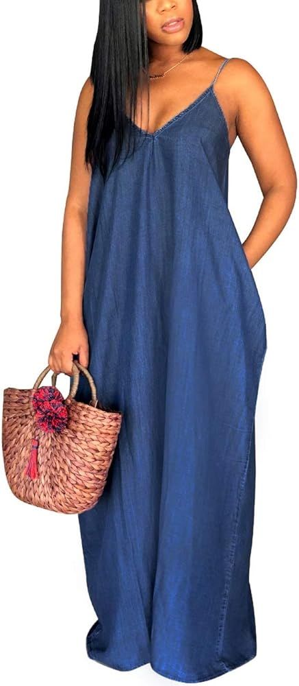 Yiershu Women's Loose Long Dresses Casual Spaghetti Straps Plus Size Floor Length Sundresses Sexy Su | Amazon (US)