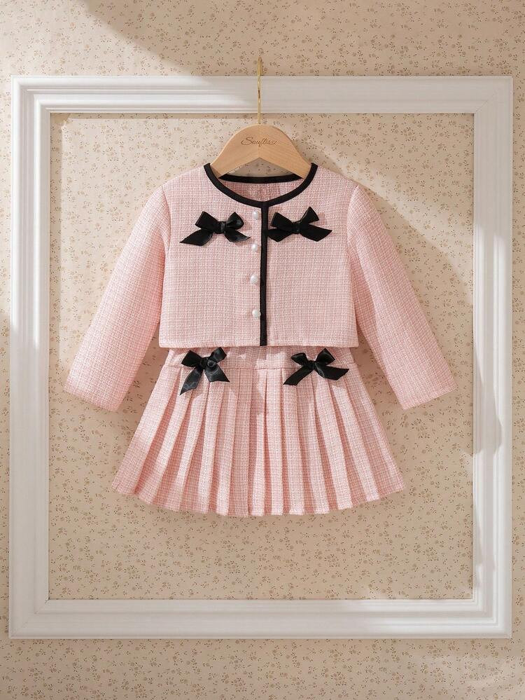 Souflis Souflis Baby Girl Vintage French Style 2-Piece Set, Pink Long Sleeve Jacket Paired With Pink Pleated Skirt Decorated With Delicate Bow, Suitable For Party, Outing And Multiple Occasions, Autumn/Winter 2025 New Arrival Pink Bow Baby Outfit Baby Elegant Clothes Baby Girl Tweed Bowknot Set Baby Girl Tweed Skirt Set | SHEIN