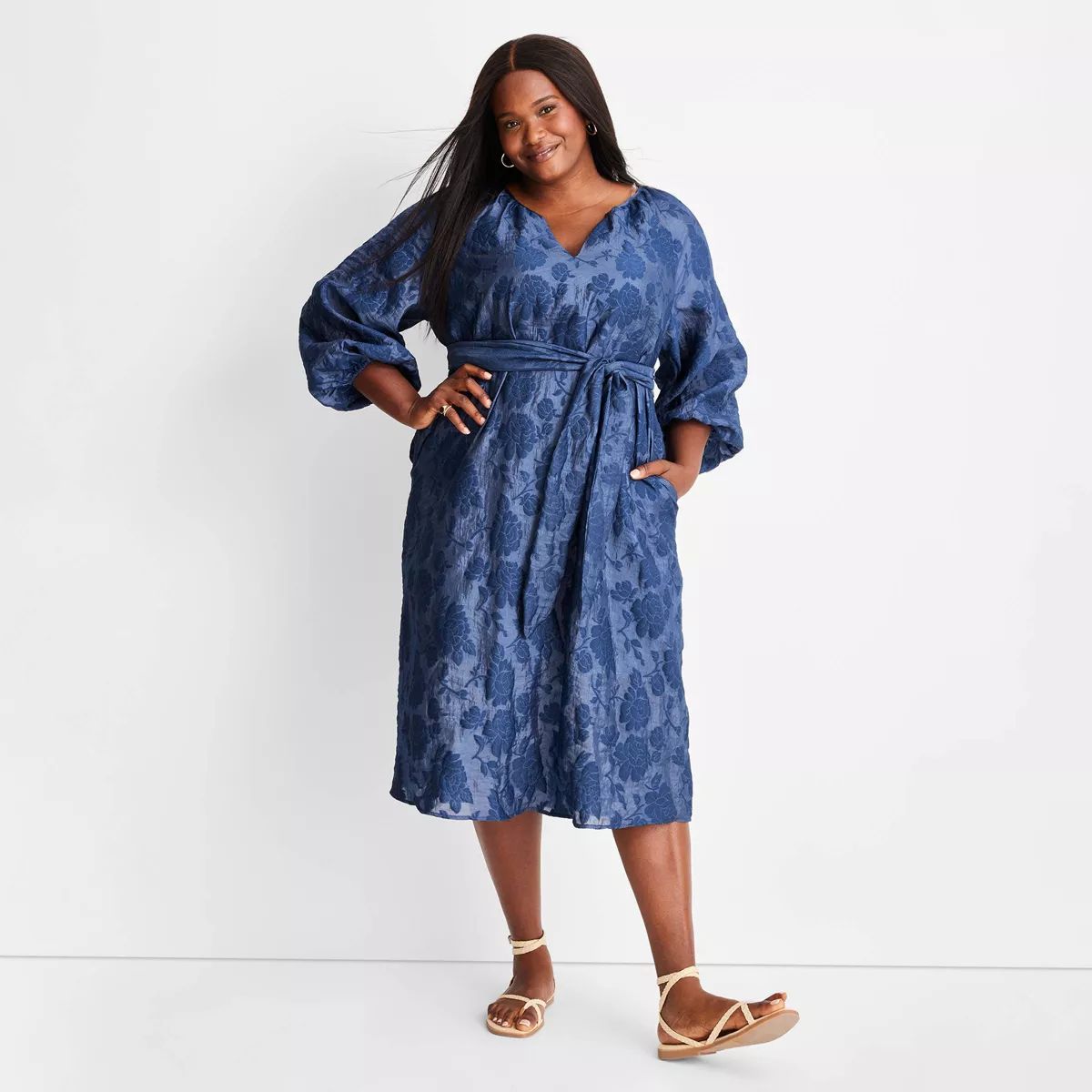 Women's Puff Sleeve Belted Midi Dress - Future Collective™ with Jenny K. Lopez Navy Blue 2X | Target