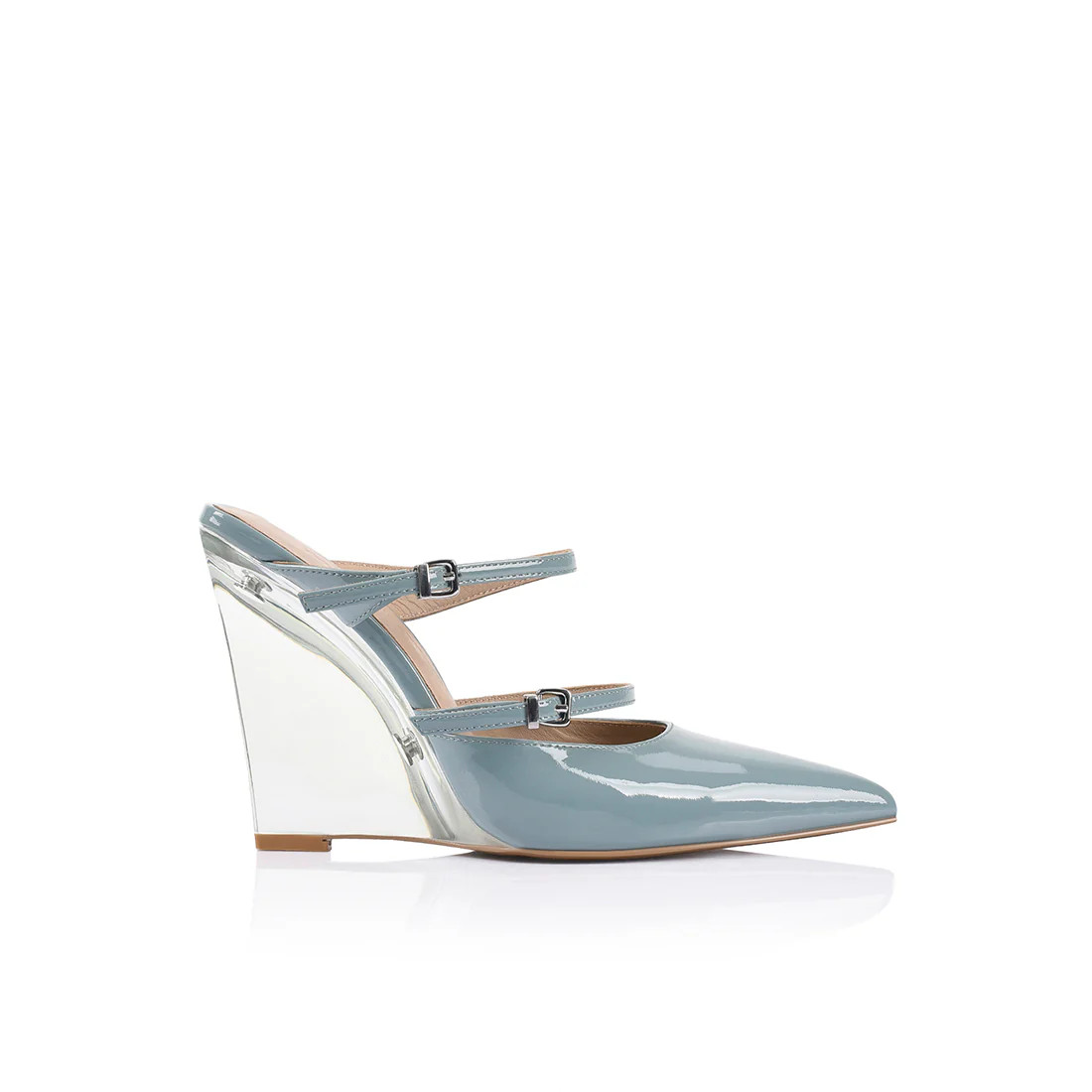 Gwen Mary Jane Mule Wedge Lucite & Mint Patent | Lana Wilkinson
