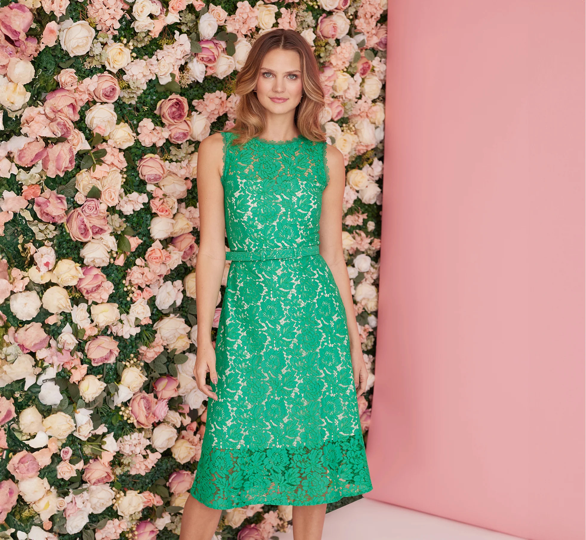 Sleeveless Lace Fit And Flare Dress With Sheer Details In Botanic Green | Adrianna Papell