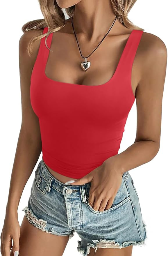 REORIA Butsmooth® Women's Square Neck Tank Top Sleeveless Double Lined Basic Crop Tops Summer Go... | Amazon (US)