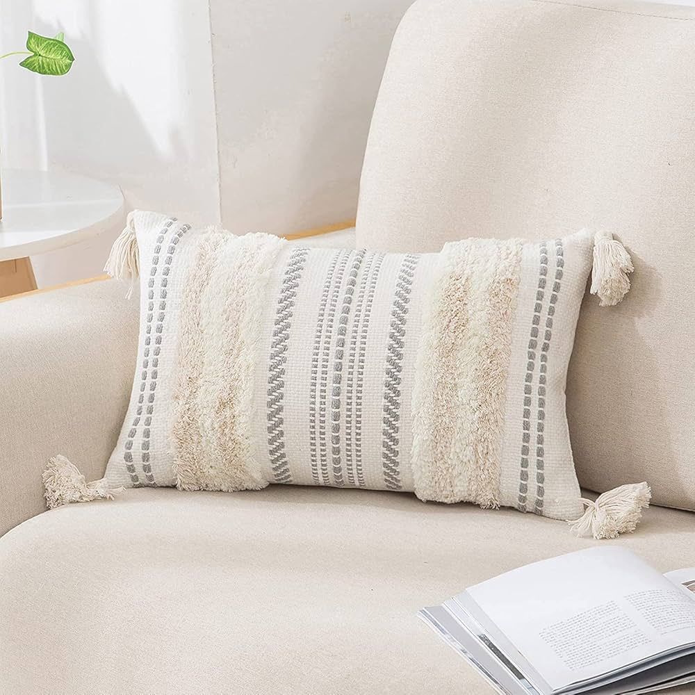 decorUhome Decorative Boho Throw Pillow Covers 12x20, Lumbar Accent Neutral Tufted Pillow Covers ... | Amazon (US)