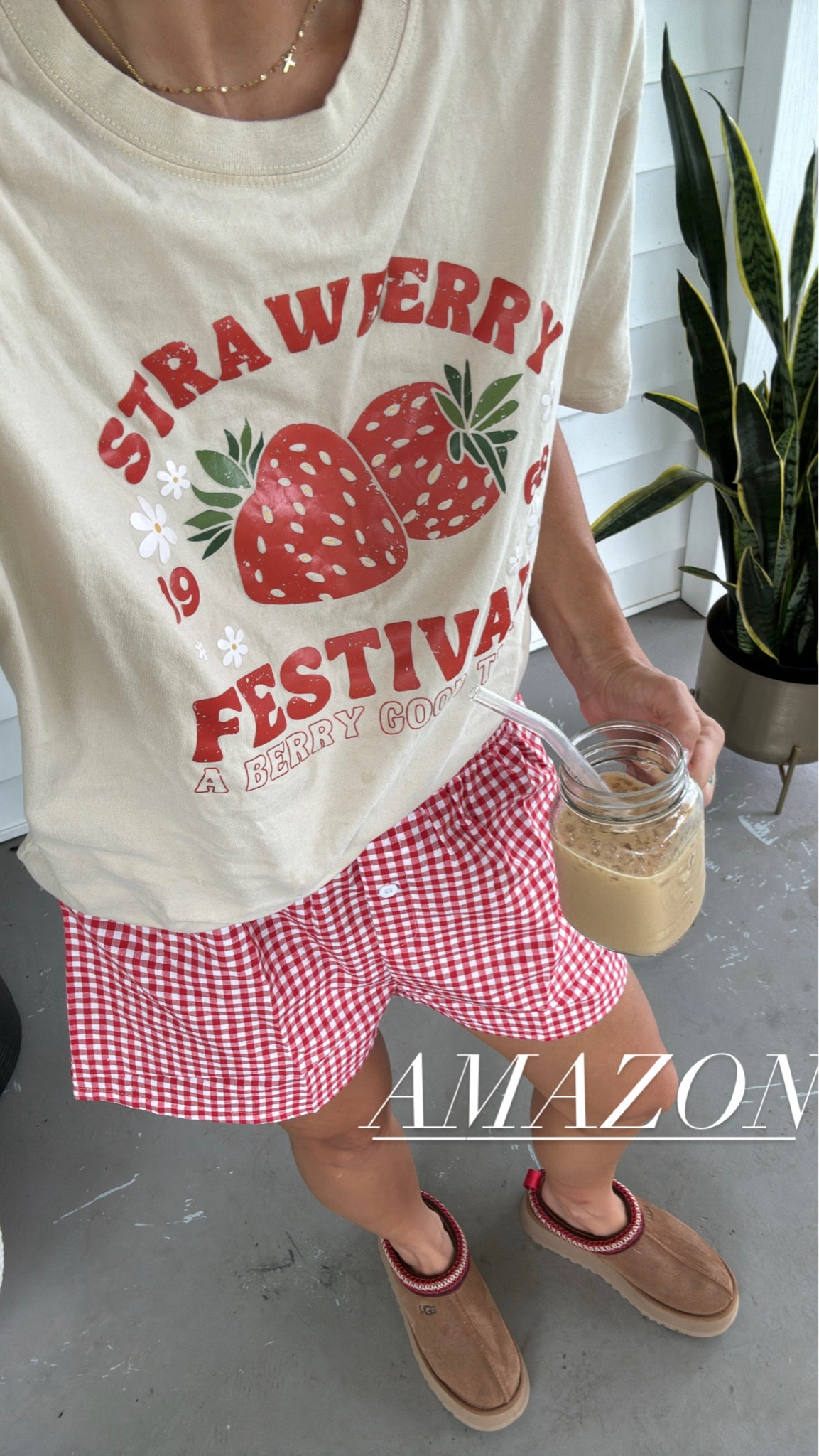 Amazon strawberry tee size small
Boxer shorts size small-go up a size 
Ugg tazz slippers size 7
Mason jar cup

#amazon #comfy #trendy #laurabeverlin 

#LTKFindsUnder50 #LTKFindsUnder100 #LTKSaleAlert