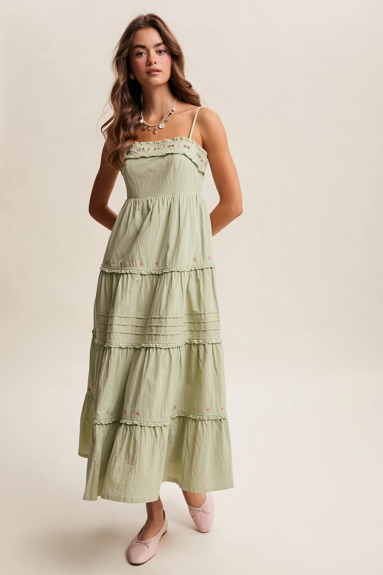 Sage Embroidered Ruffle Tiered Maxi Dress | PinkBlush Maternity