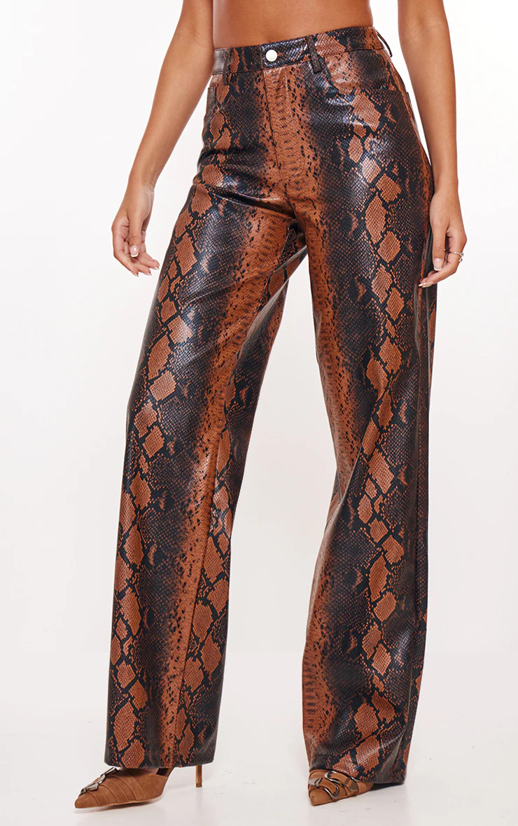 Tall Brown Faux Leather Snake Print Wide Leg Pants | PrettyLittleThing US