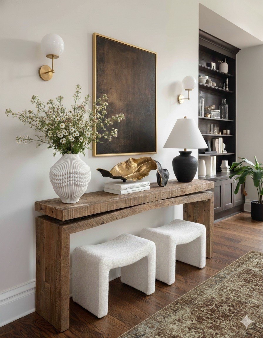 Styled Foyer Console Inspiration
This entryway shows how natural textures and modern accents can instantly elevate a home’s first impression. The reclaimed wood console brings warmth and character, balanced by the clean lines of the boucle stools layered underneath for both style and function.

A large statement artwork anchors the vignette, while brass sconces add a soft glow that frames the space beautifully. The mix of ceramic vases, sculptural decor, and stacked books creates a collected, curated look that feels intentional without being overdone.

This setup is perfect for foyers, hallways, or living room transitions, offering storage, seating, and visual impact in one effortless arrangement.

Shop the look:
– Reclaimed wood console table
– White boucle stools
– Textured ceramic vase with greenery
– Sculptural gold and black decorative bowl
– Modern table lamp with a matte base
– Minimalist brass wall sconces
– Oversized framed artwork
– Coffee table books for styling layers
– Built-in shelving decor accents
– Vintage inspired runner or area rug

Recreate this modern organic entryway with natural woods, textured seating, sculptural decor, and warm brass lighting for an inviting, high end welcome. 

#LTKHome #LTKSaleAlert
