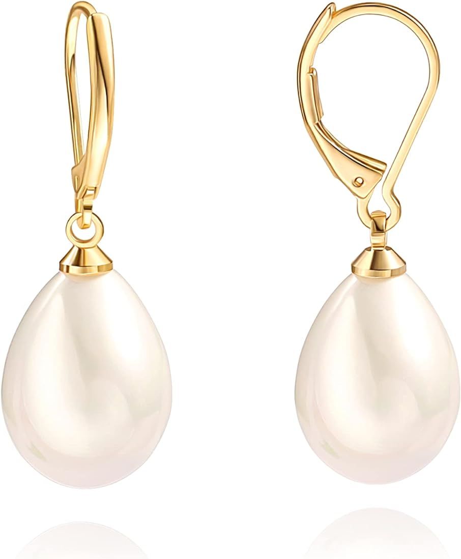 Handpicked White Pearl Earrings 18k Gold Plated Leverback Dangle Stud Pearl Earrings Jewelry for ... | Amazon (US)