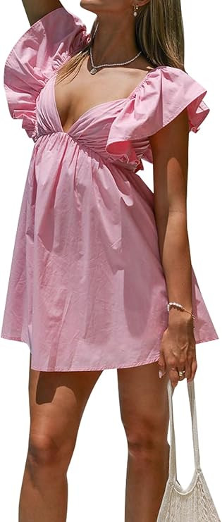 Womens Spring Summer V Neck Knot Back Causal Strap Short Flowy Swing Mini Dress | Amazon (US)