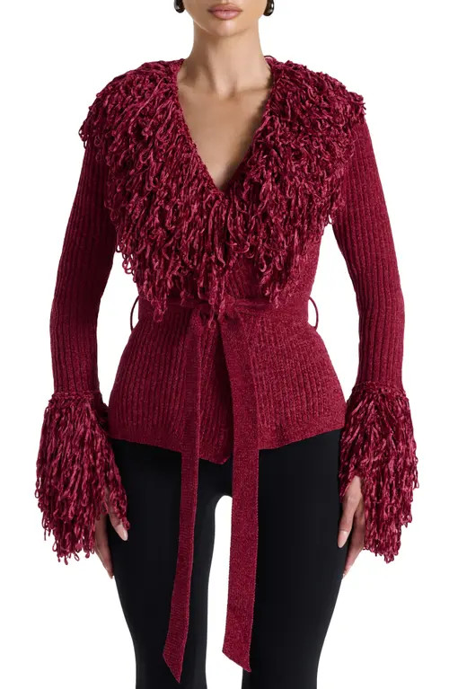 Naked Wardrobe Fringe Tie Waist Chenille Cardigan in Currant at Nordstrom, Size X-Small | Nordstrom