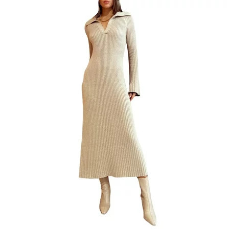 CenturyX Women s Ribbed Knit Midi Dress Long Sleeve Lapel Collar Long Dress | Walmart (US)