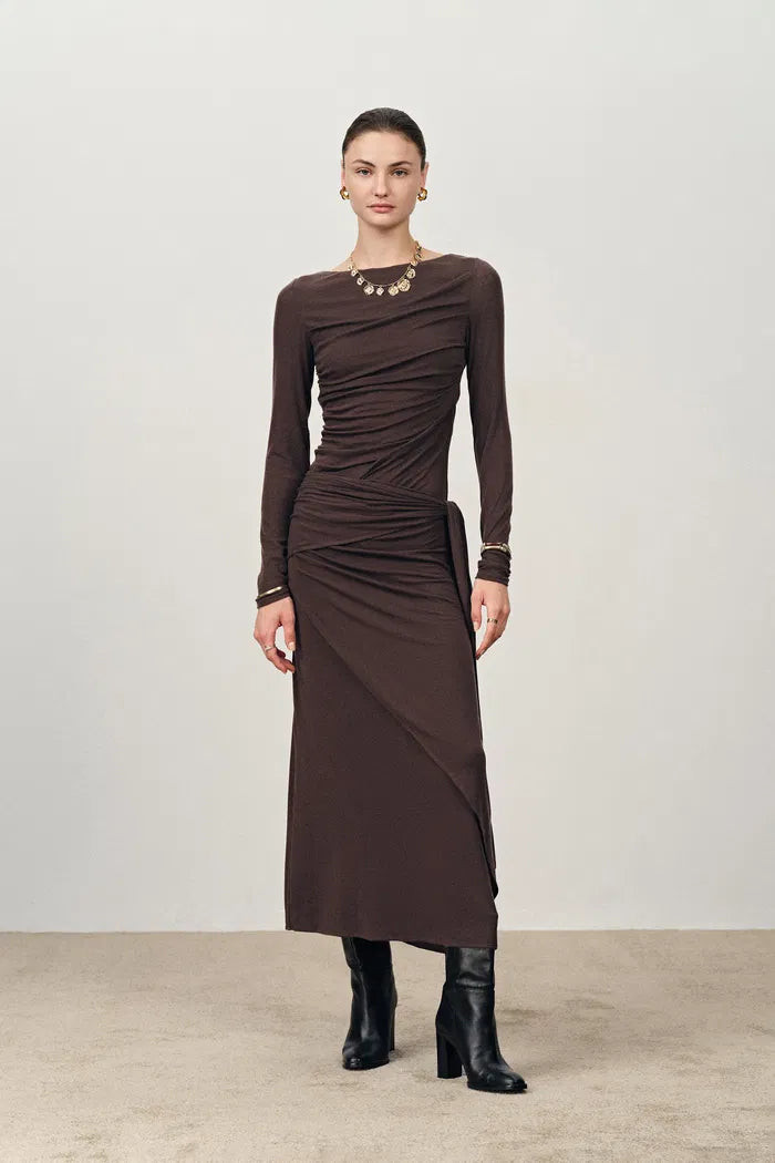 Viet Runched Pleated Long Sleeve Maxi Dress in Tencel Merino Knit | Fabrique