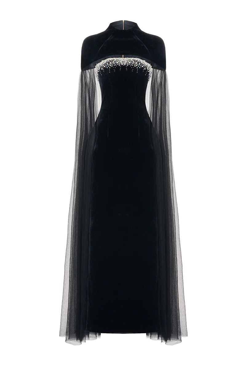 BLACK VELVET BODY MAXI DRESS WITH CAPE DETAILS | HAPPY CLOTHING | CULT MIA | CULT MIA UK LTD