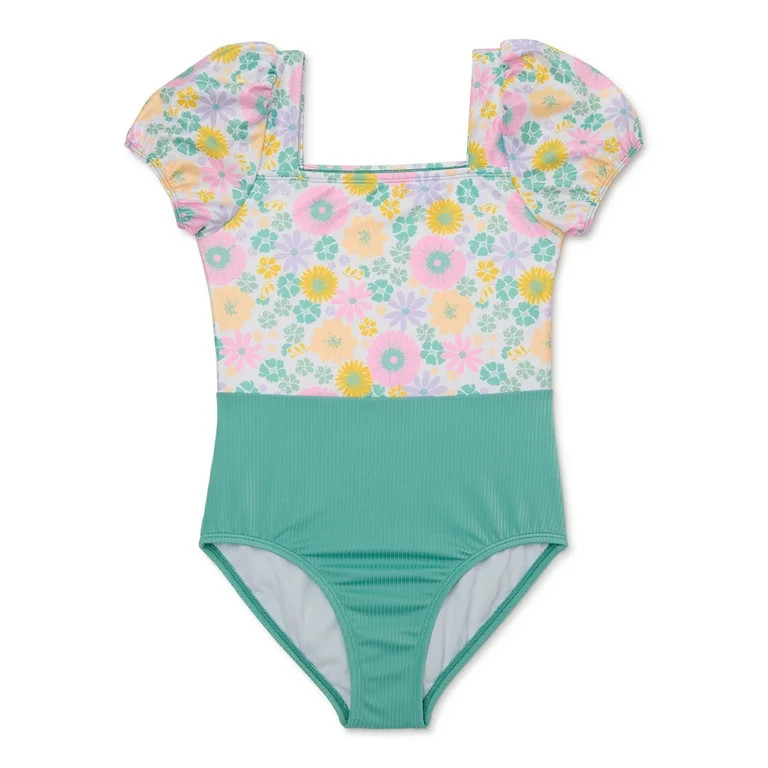 Wonder Nation Girls Puff Sleeve Swimsuit, 1-Piece, Sizes 4-18 & Plus | Walmart (US)