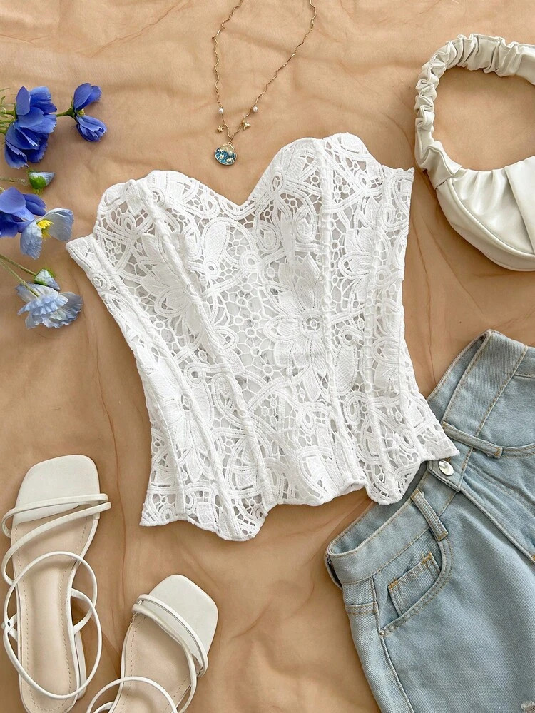 Soleia Women's Elegant Solid Color Lace Criss-Cross Bandeau Top, Summer Holidays Top , Valentine's Day, Weddings & Events, Birthday For Women ,White Top, Summer Vacations ,White Top | SHEIN