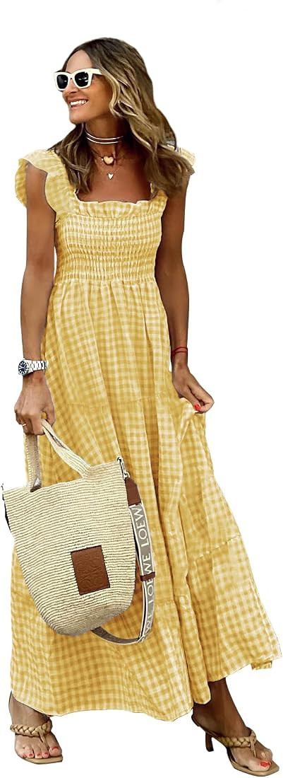 Women Summer Ruffled Off Shoulder Maxi Dress Smocked Floral Printed Casual Dress with Pockets E17 | Amazon (US)