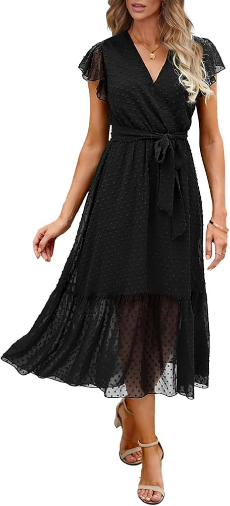 BTFBM Women Summer Bohemian Floral Casual Wrap V Neck Ruffle Cap Sleeveless Belt A-Line Pleated H... | Amazon (US)