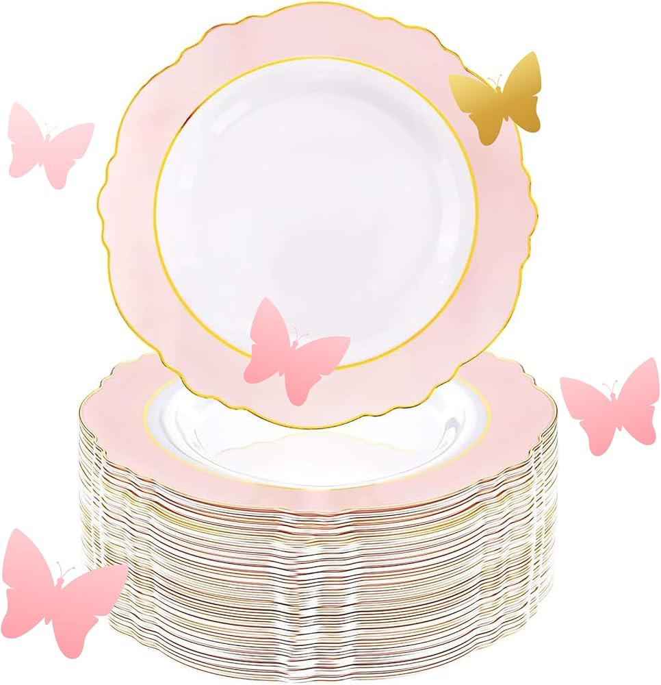 WDF 60pcs Pink Plastic Plates - 10.25inch Baroque Pink And Gold Disposable Dinner Plates for Upsc... | Amazon (US)