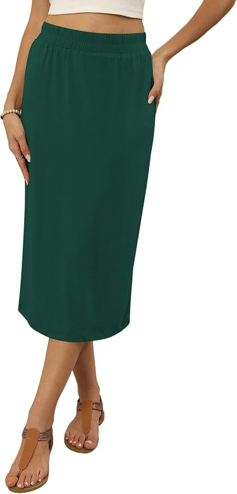 Naggoo Midi Skirts for Women Summer Elastic High Waisted Basic Straight Skirt with Slit | Amazon (US)