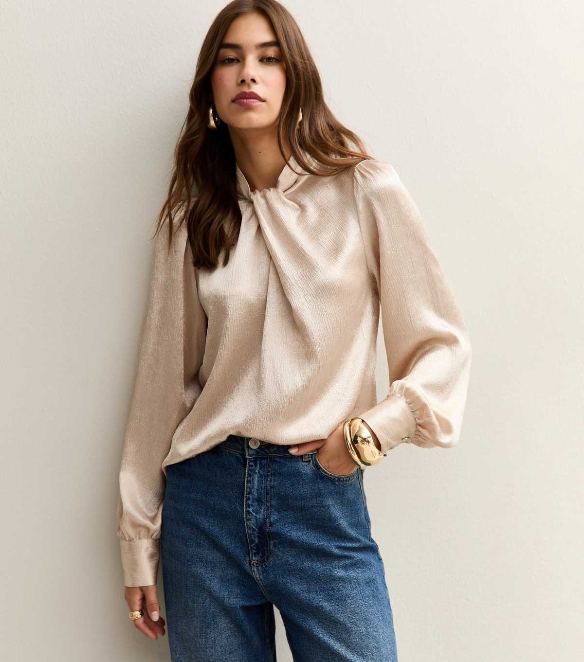 Cream Twist Neck Long Sleeve Textured Satin Blouse | New Look | New Look (UK)