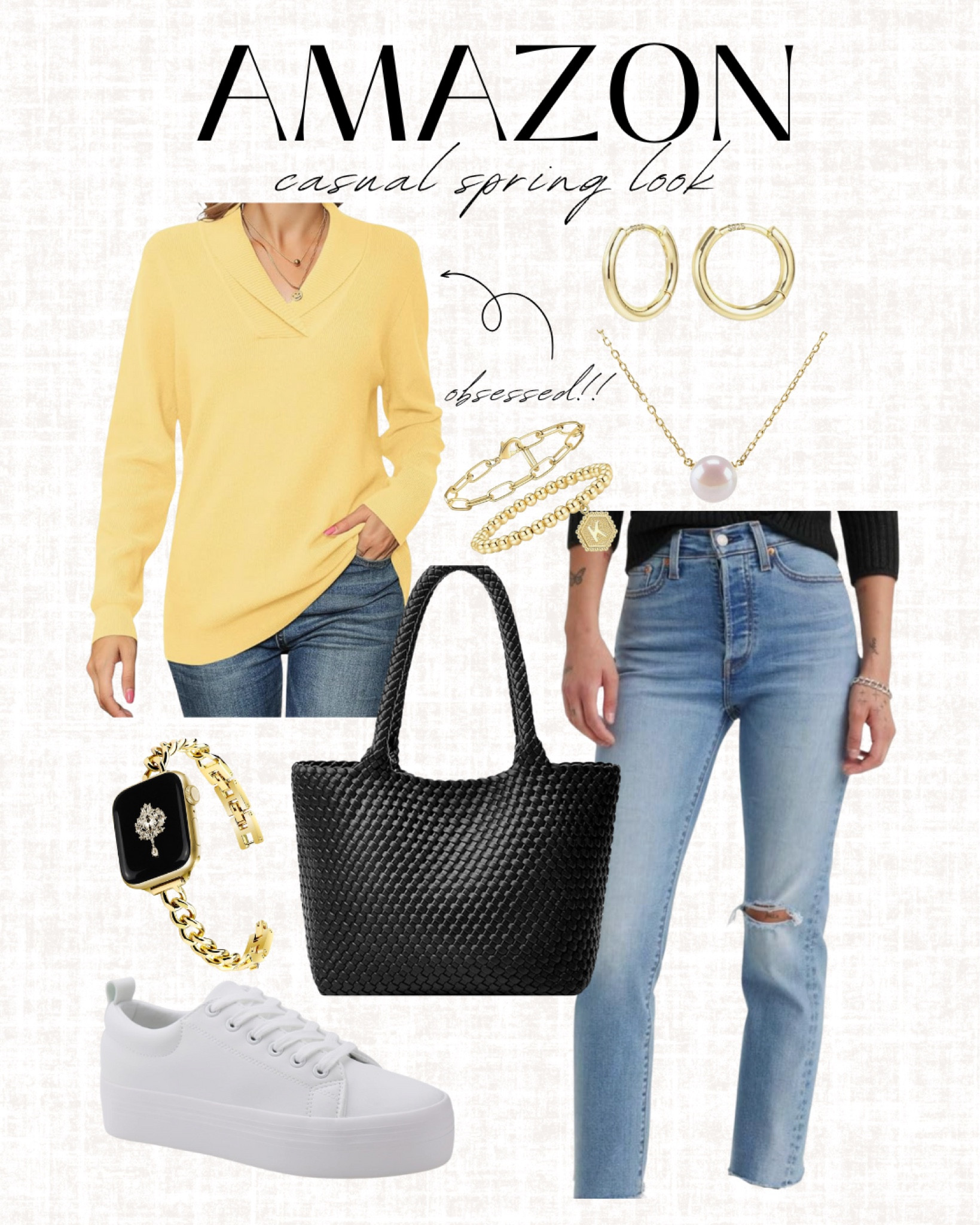 Levi's distressed denim jeans, yellow v neck sweater, white platform sneakers, black woven purse and gold jewelry!



#LTKStyleTip #LTKSeasonal #LTKFindsUnder50