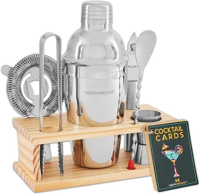 Mixology Bartender Kit - 8-Piece Silver Cocktail Shaker Set with Pine Wood Stand, Recipe Cards, a... | Amazon (US)