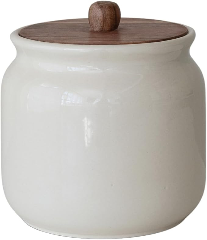 Creative Co-Op Stoneware Canister with Acacia Wood Lid, Ivory Color and Natural | Amazon (US)