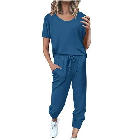 Women s Spring Outfits Short Sleeve Round-Neck Blouses & Shirts Sets Fashion Women Summer Solid Button Casual Short SLeeve Tops Pant Set Womens 2 Piece Pants Sets Blue xxl | Walmart (US)