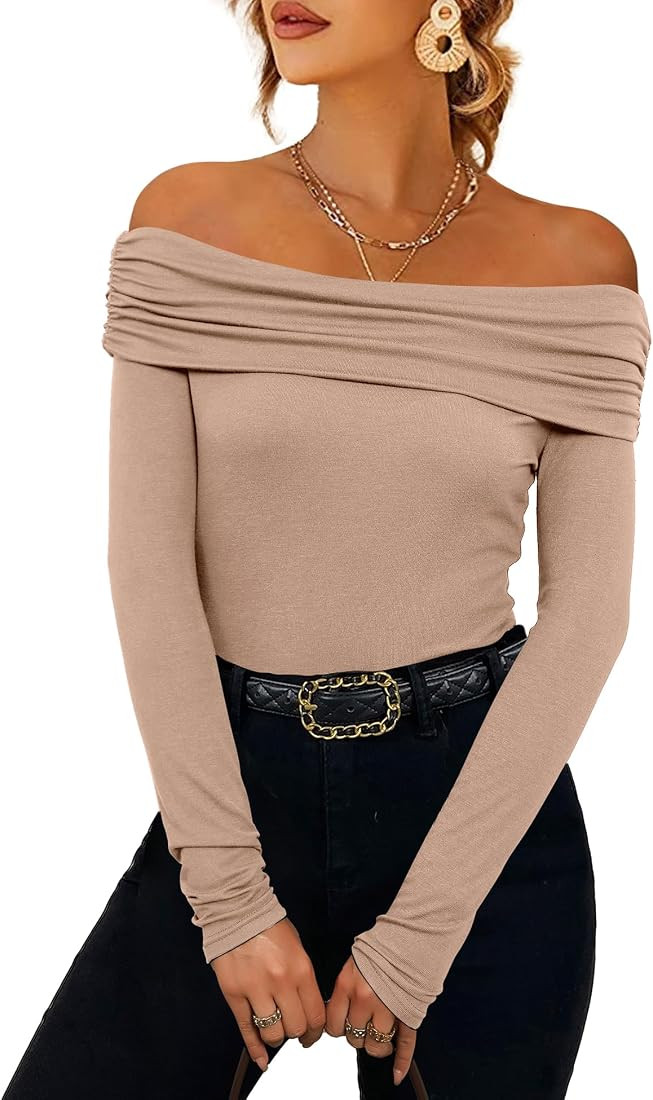 Prettywear Women's Sexy Off Shoulder Tops Y2K T-Shirt Slim Fit Long Sleeves Spring Fall Blouse Go... | Amazon (US)