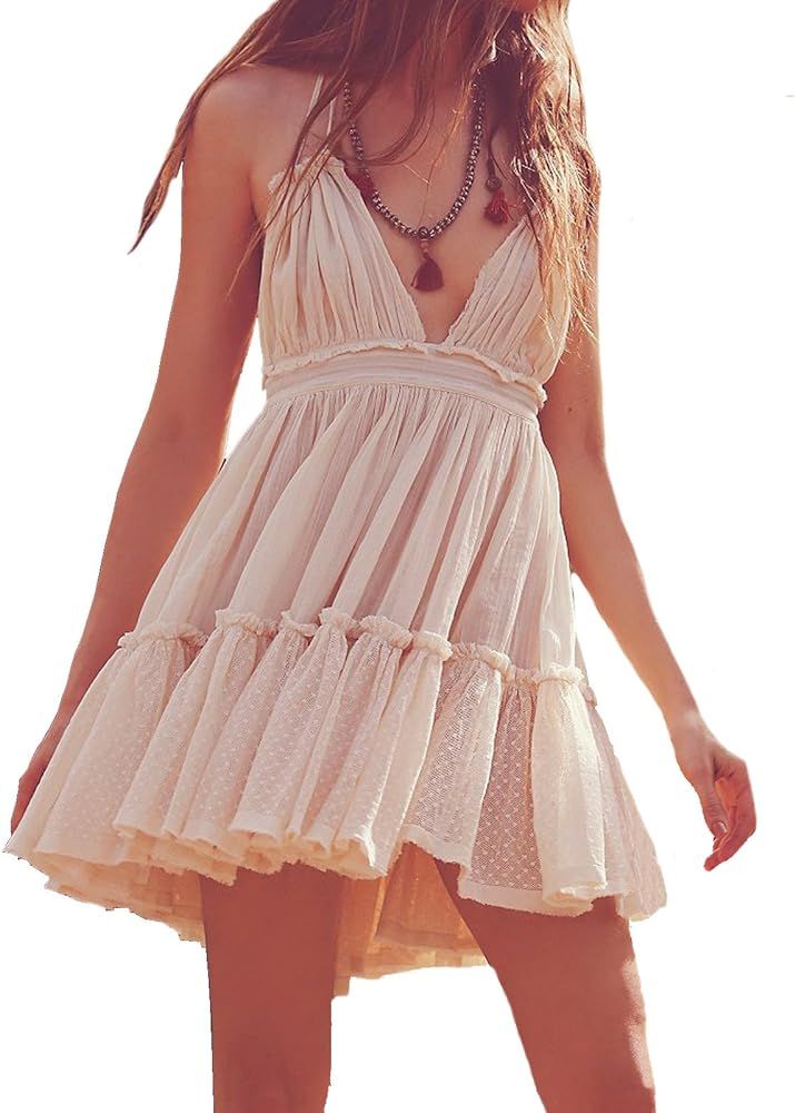 Womens Summer Halter Deep V Neck Sexy Patchwork Mini Short Dresses | Amazon (US)