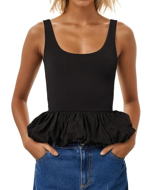 Women's Ruffle Bubble Hem Tank Top Scoop Neck Backless Sleeveless Patchwork Peplum Top Going Out ... | Amazon (US)
