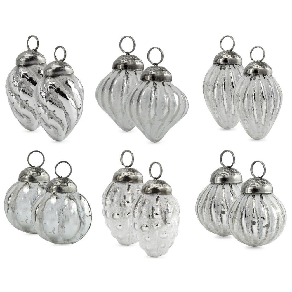 AuldHome Small Glass Finial Ornaments (Set of 12, Silver White); Distressed Metal Antique Style Christmas Decorations; Small to | Oriental Trading Company