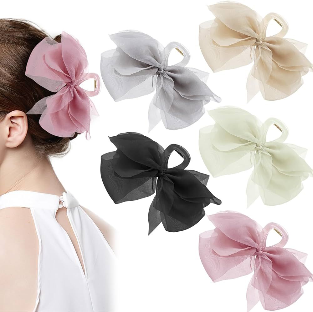5 Pcs Mesh Tulle Bow Hair Claw Clips Chiffon Bowknot Hair Clips Large Ponytail Hair Claws Big Bow... | Amazon (US)