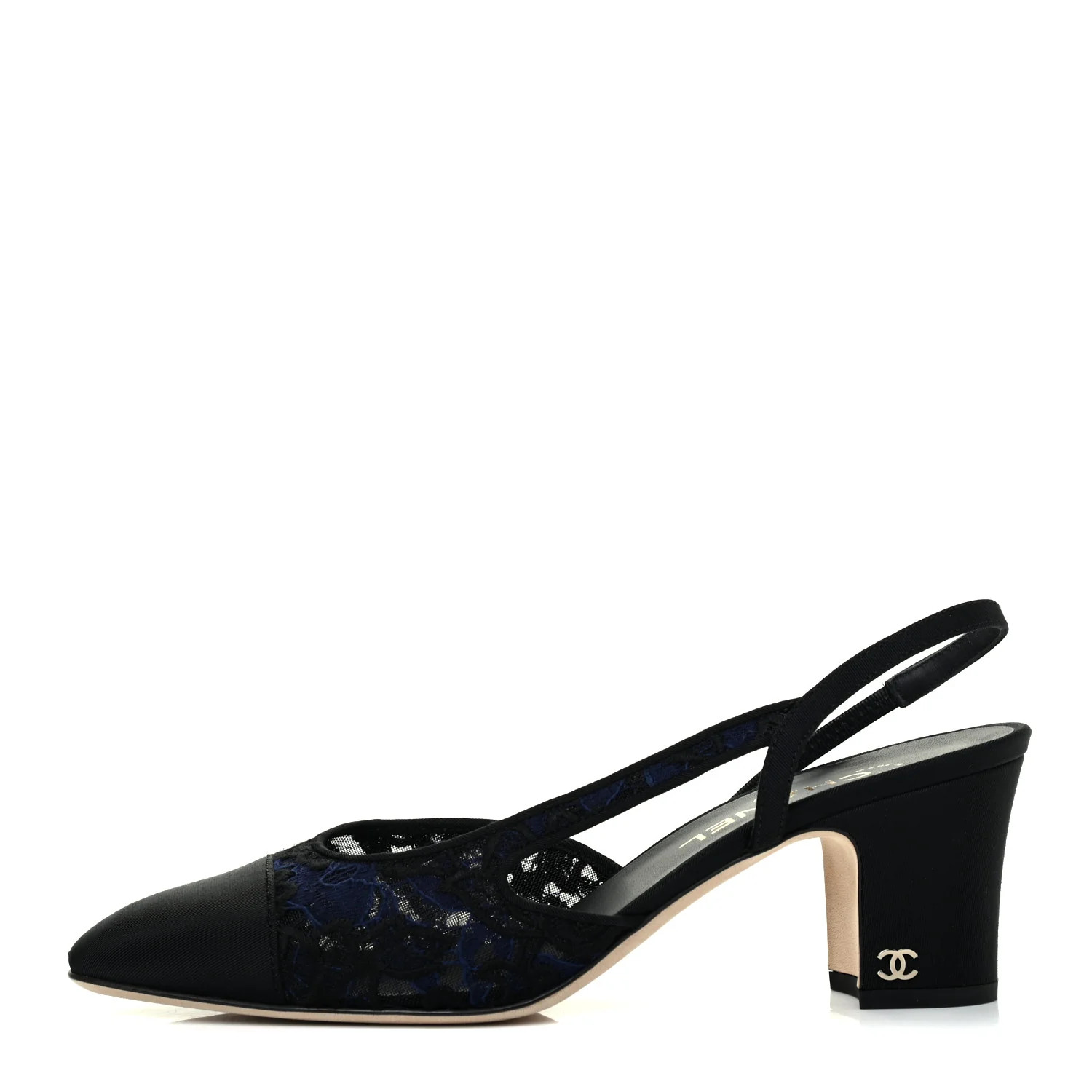 Chanel Lace Grosgrain Cap Toe CC Slingback Pumps 40 Navy Black 797005 | FASHIONPHILE (US)