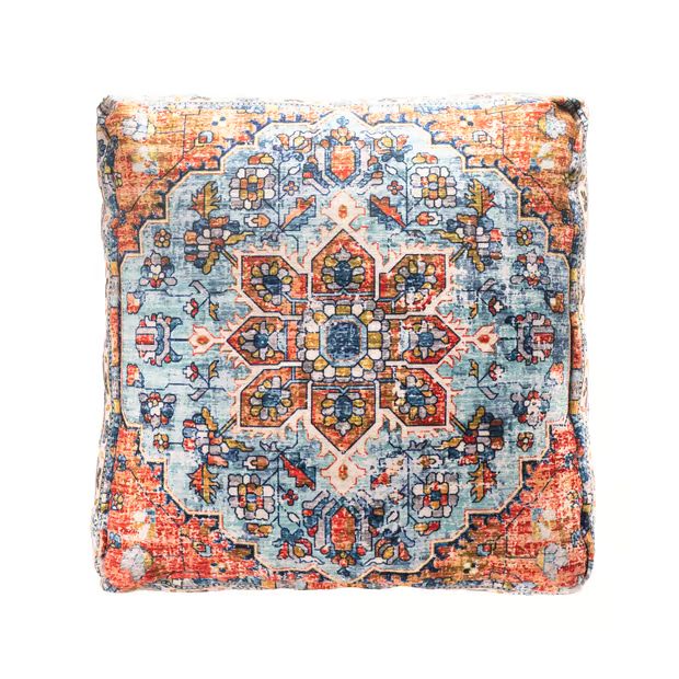 Blue Printed Jewel Medallion Floor Cushion 8" H x 25" W x 25" D | Rugs USA