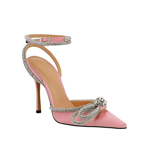 JANSEVEN Women Bow Knot Heels with Rhinestones Crystal Lace Up Sandals Pink Satin Stiletto High Heel Heeled Sparkly Pointed Toe Pumps 4 Inches Ankle Strap Dress Bridal Shoes Size 11 | Amazon (US)