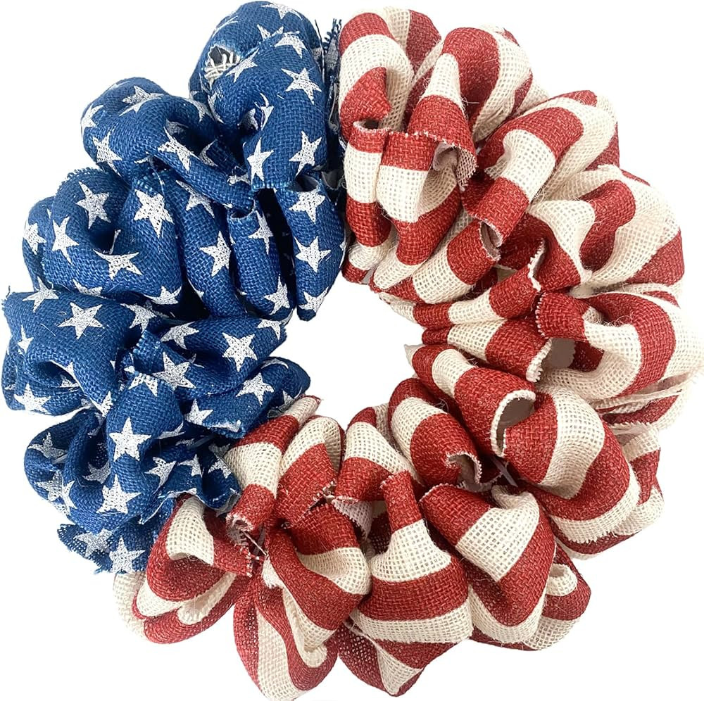 13 Inch Patriotic Burlap Wreath, 4th of July Summer Burlap Stripe and Stars Printed Wreath for Th... | Amazon (US)