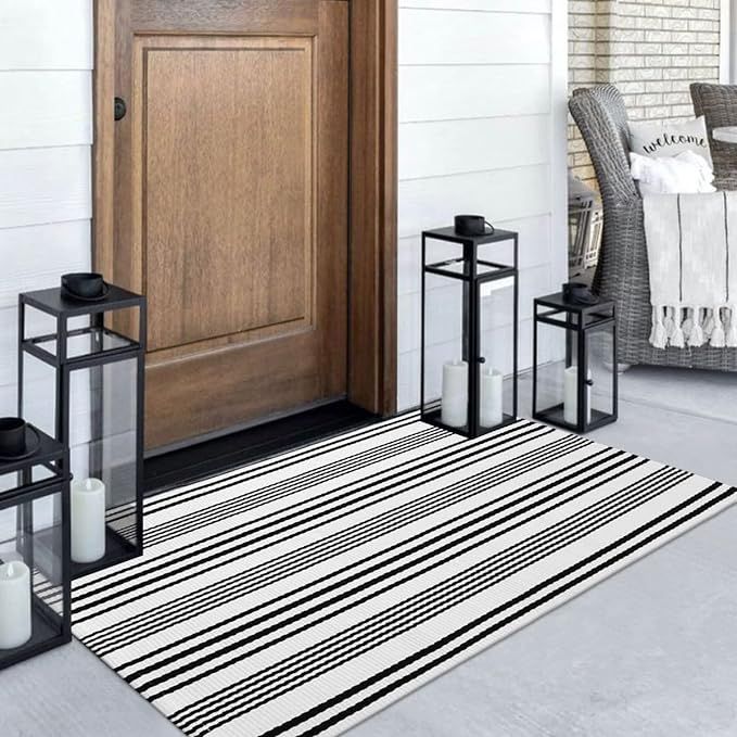 Black and White Striped Outdoor Rug, 3’x5’ Cotton Modern Front Porch Door Mat Hand-Woven Reve... | Amazon (US)