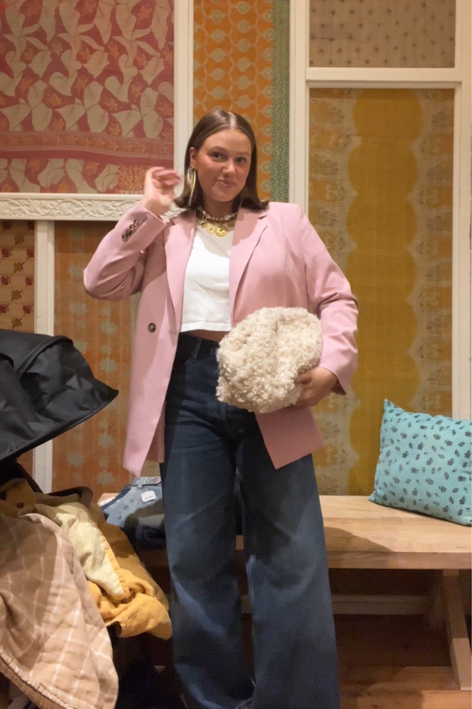 Blazer size large o went up one for a looser fit I love this one and have in three colors! Size down 1 in jeans love the length & wide leg. Amazon bow earrings. Brinker & Eliza jewelry buy linked similar!! Gucci clogs (my faves) I wear so so many times they’re so good 