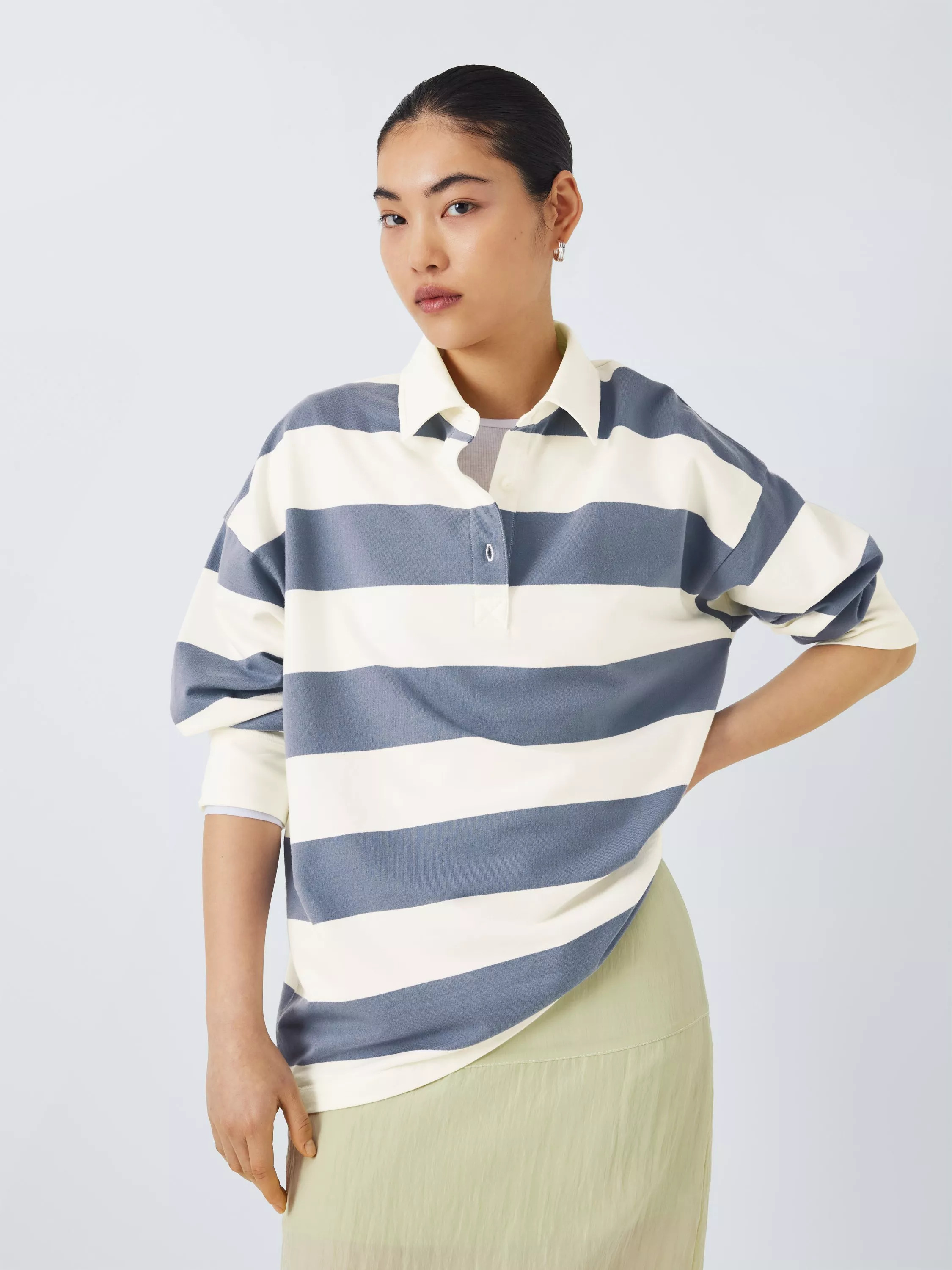 John Lewis ANYDAY Stripe Oversized Rugby Jumper, Flintstone/Ecru | John Lewis (UK)