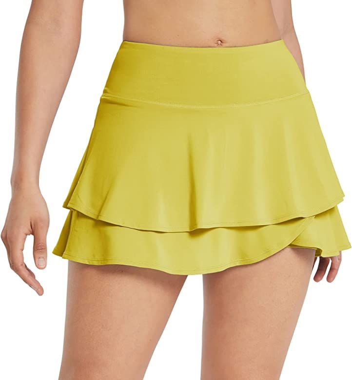 BALEAF Women's Pleated Tennis Skirts Layered Ruffle Mini Skirts with Shorts for Running Workout | Amazon (US)