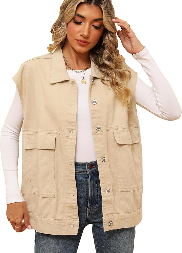 Bozanly Oversized Denim Vest for Women Vintage Distressed Button Down Sleeveless Jean Vest Jacket... | Amazon (US)