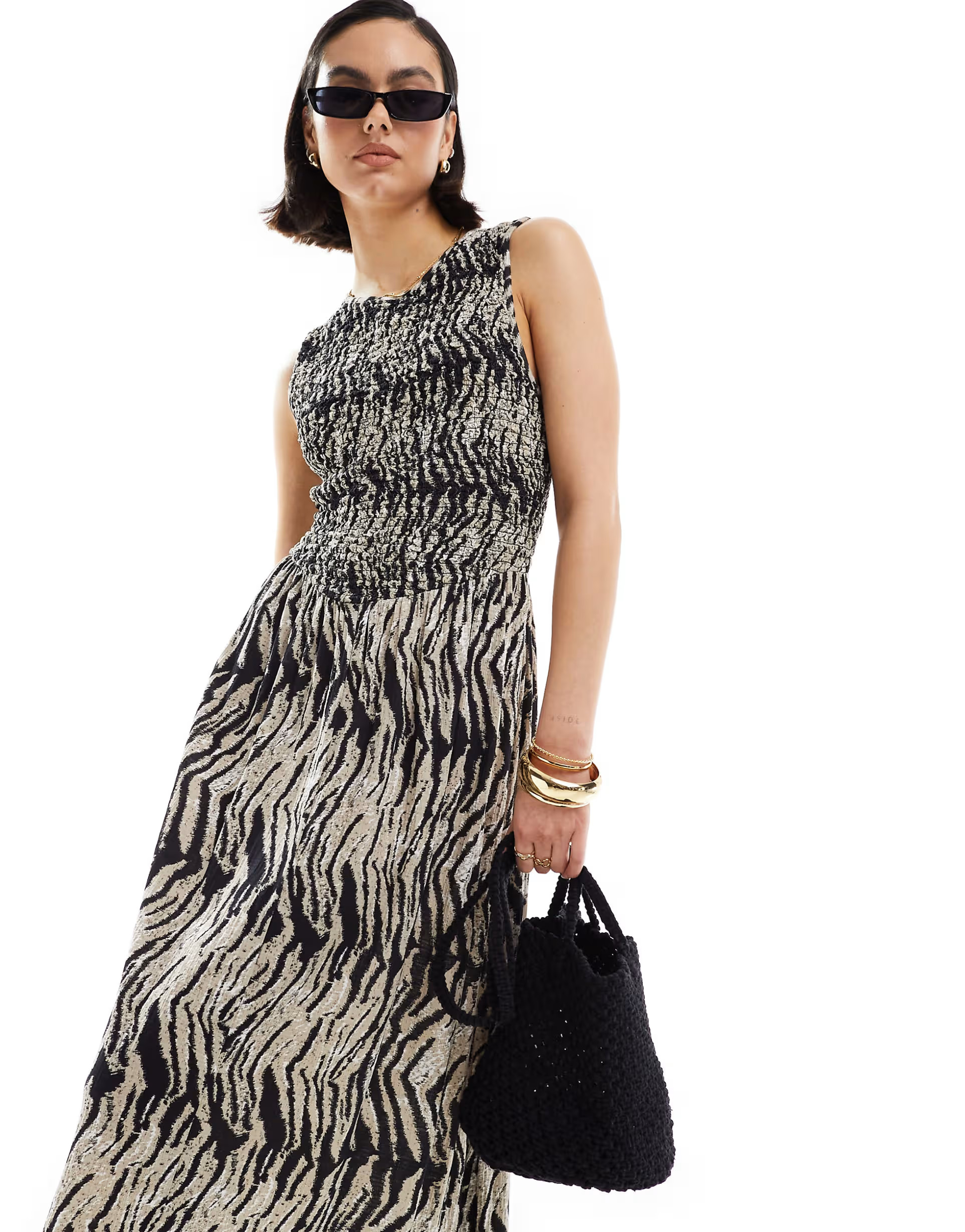 ASOS DESIGN crinkle shirred bodice maxi dress with open back in animal print | ASOS (Global)