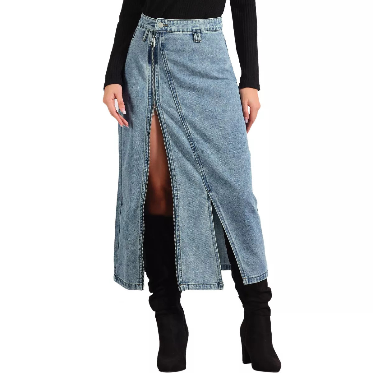 Allegra K Women's Denim Zipper Front Split Long Skirt with Pockets | Target