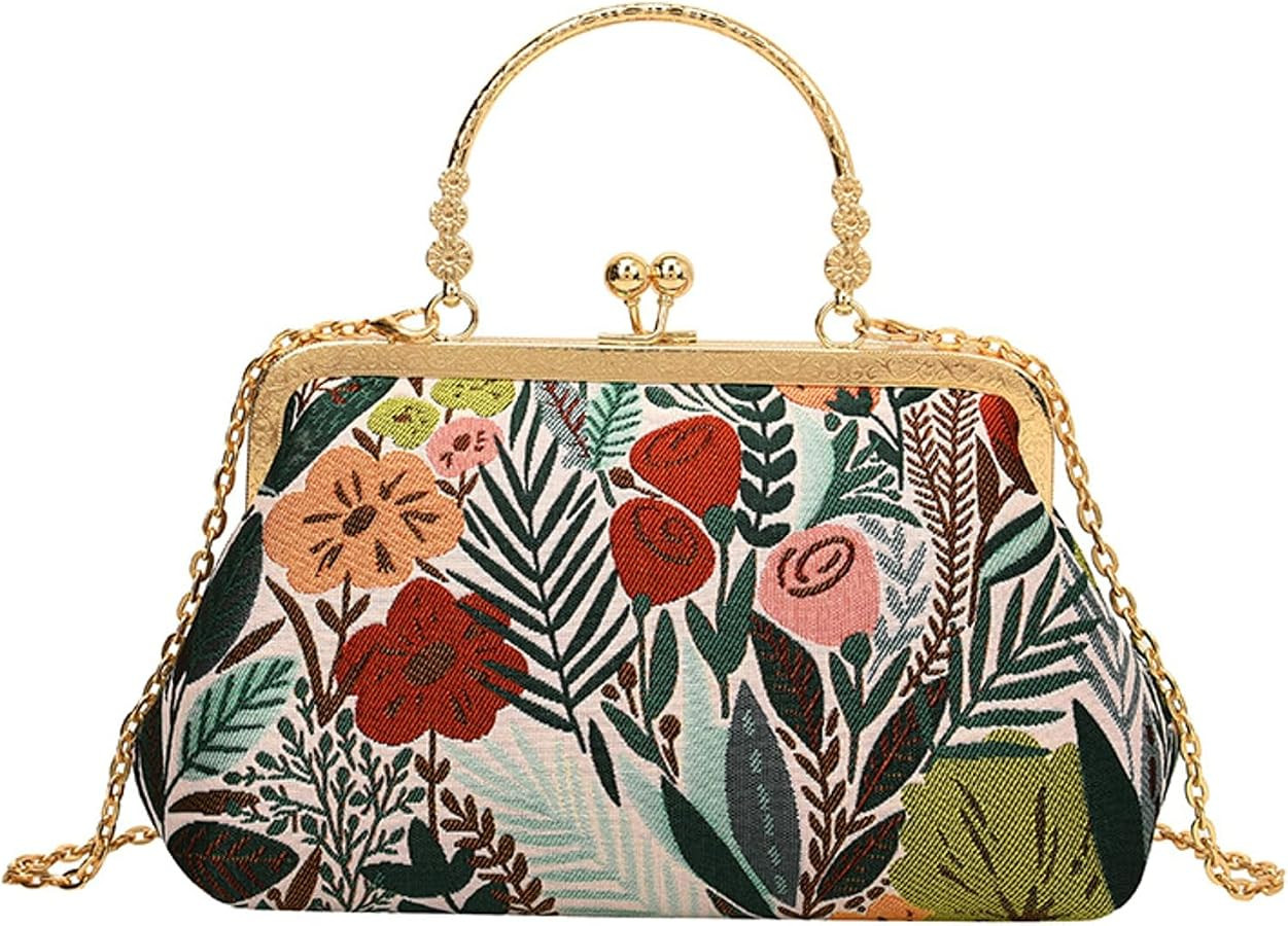 Vintage Embroidered Flower Handbag Retro Pearl Chain Crossbody Bag Clutch Kiss Lock Top Handle Sh... | Amazon (US)