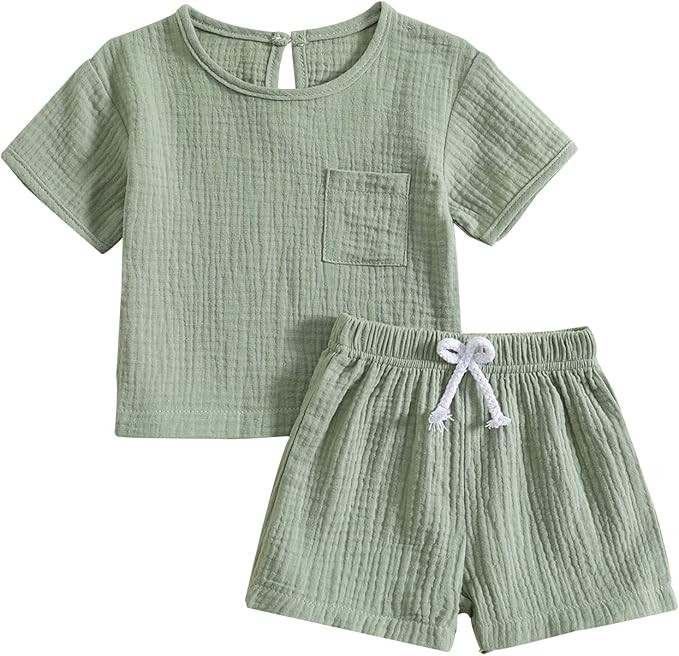 Baby Boy Girl Cotton Linen Clothes Solid Color Short Sleeve Tops Drawstring Shorts Set 2Pcs Toddl... | Amazon (US)