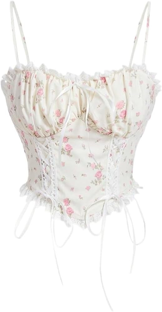 Tops for Women Fashion 2024 Floral Print Shirred Lace Trim Tie Waist Tank Top Trendy Cami Tank To... | Amazon (US)