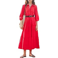 Women Button Down Maxi Shirt Dress Long Sleeve Flowy Tiered Collared Dresses with Pockets | Amazon (US)